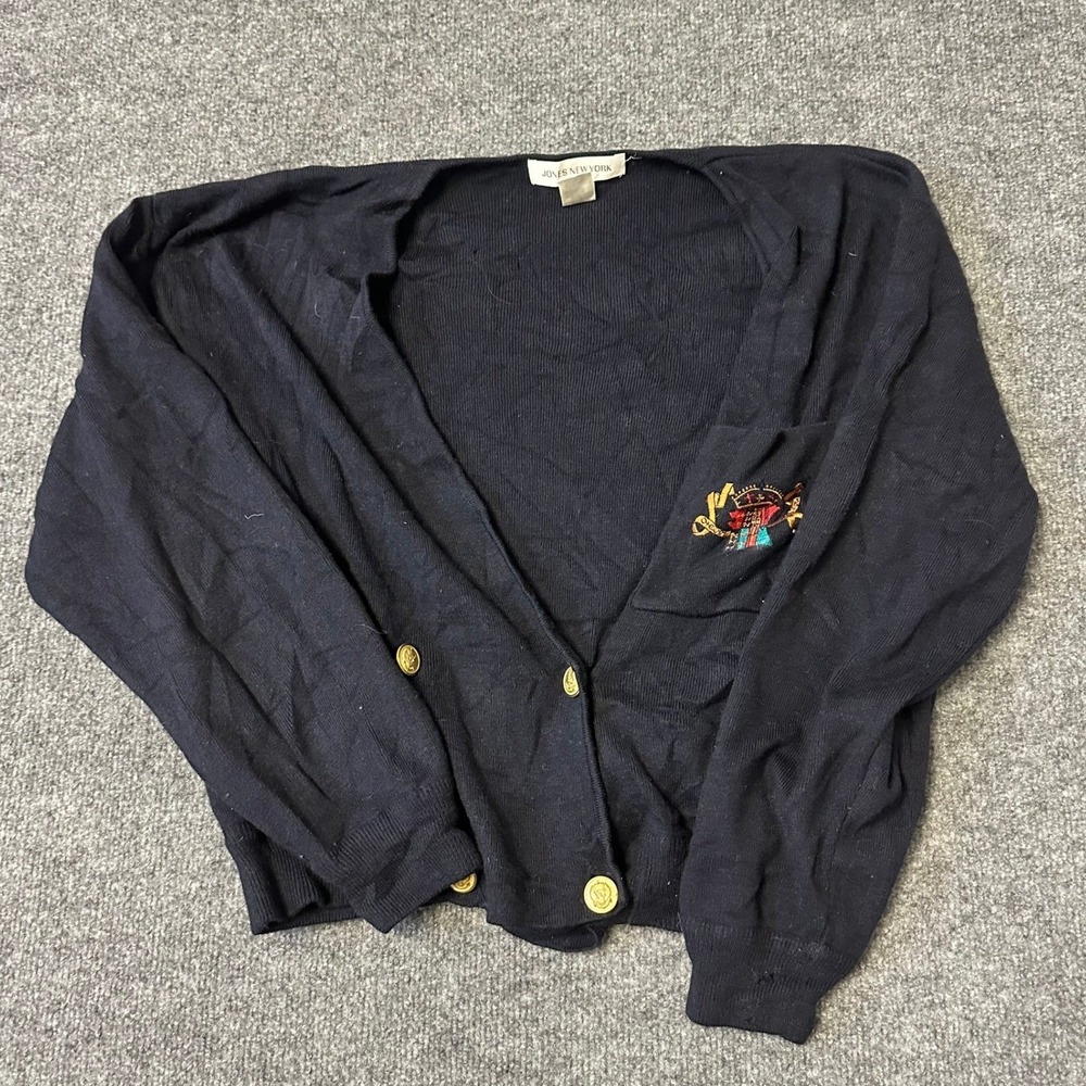 Jones New York Cardigan Womens Size L Navy Blue Lambswool Blend Crest Embroidery